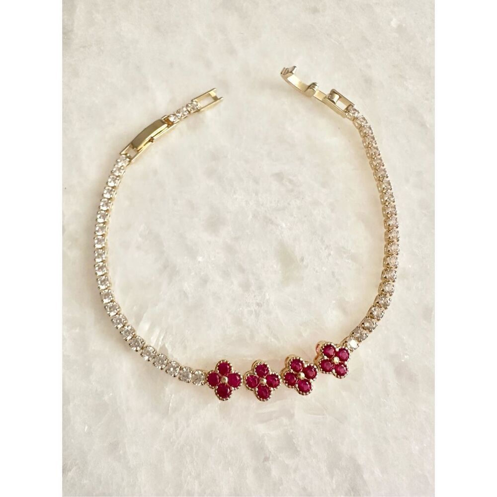 Cubic zirconia ruby red - pink flower Louis flower tennis bracelet